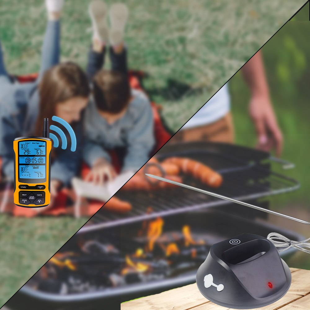 Wireless Remote Oven Grill Thermometer Meat Temperature Meter for BBQ Clock Timer with two Stainless Steel Probe 5 Backlight