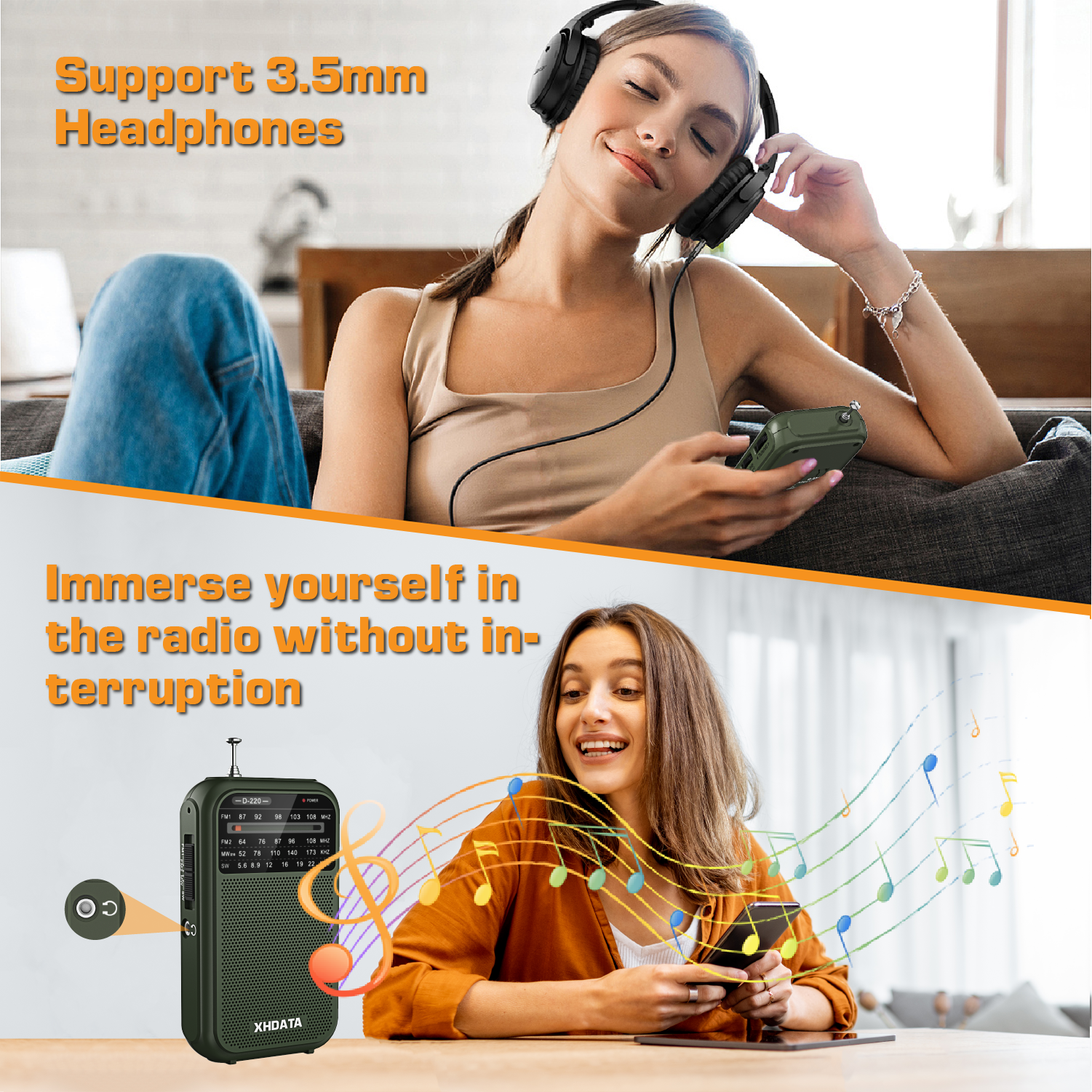 XHDATA D-220 Vintage Retro Radio FM 1-2/MW (9K/10K) /SW 4-pasmowe przenośne radio kieszonkowe o wysokiej czułości DSP Radio cyfrowe D220