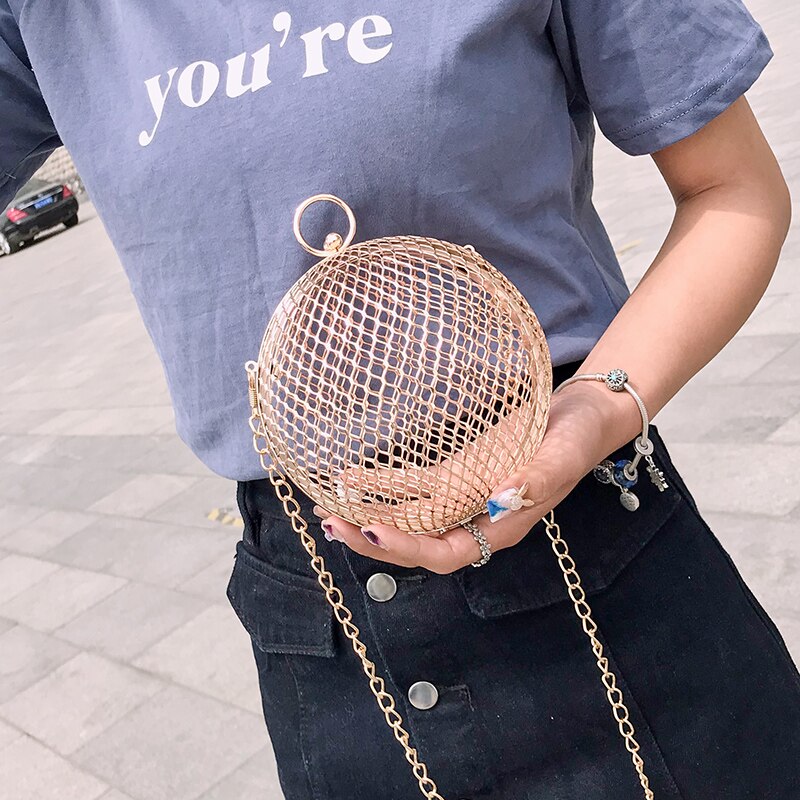 Moda oco bolsas de ombro feminino requintado metal cadeias redondas crossbody sacos para mulheres alta qualidade mini senhora mensageiro saco