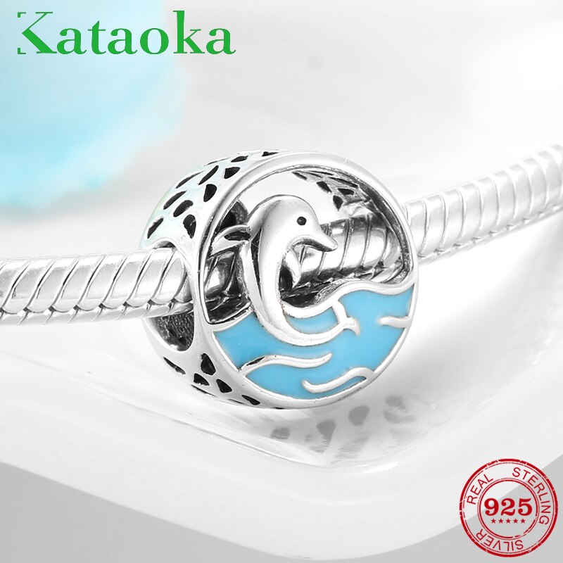 Contas do oceano amigo humano golfinhos esmalte azul autêntico 925 contas de prata esterlina caber encantos originais pulseiras fazendo