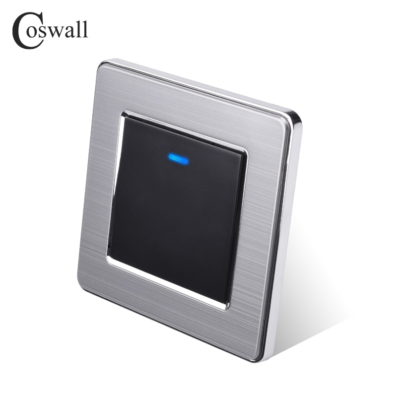Coswall 1 Gang 2 Way Light Switch On / Off Wall Switch With LED Indicator Pass Through Switch Switched Stainless Steel Panel