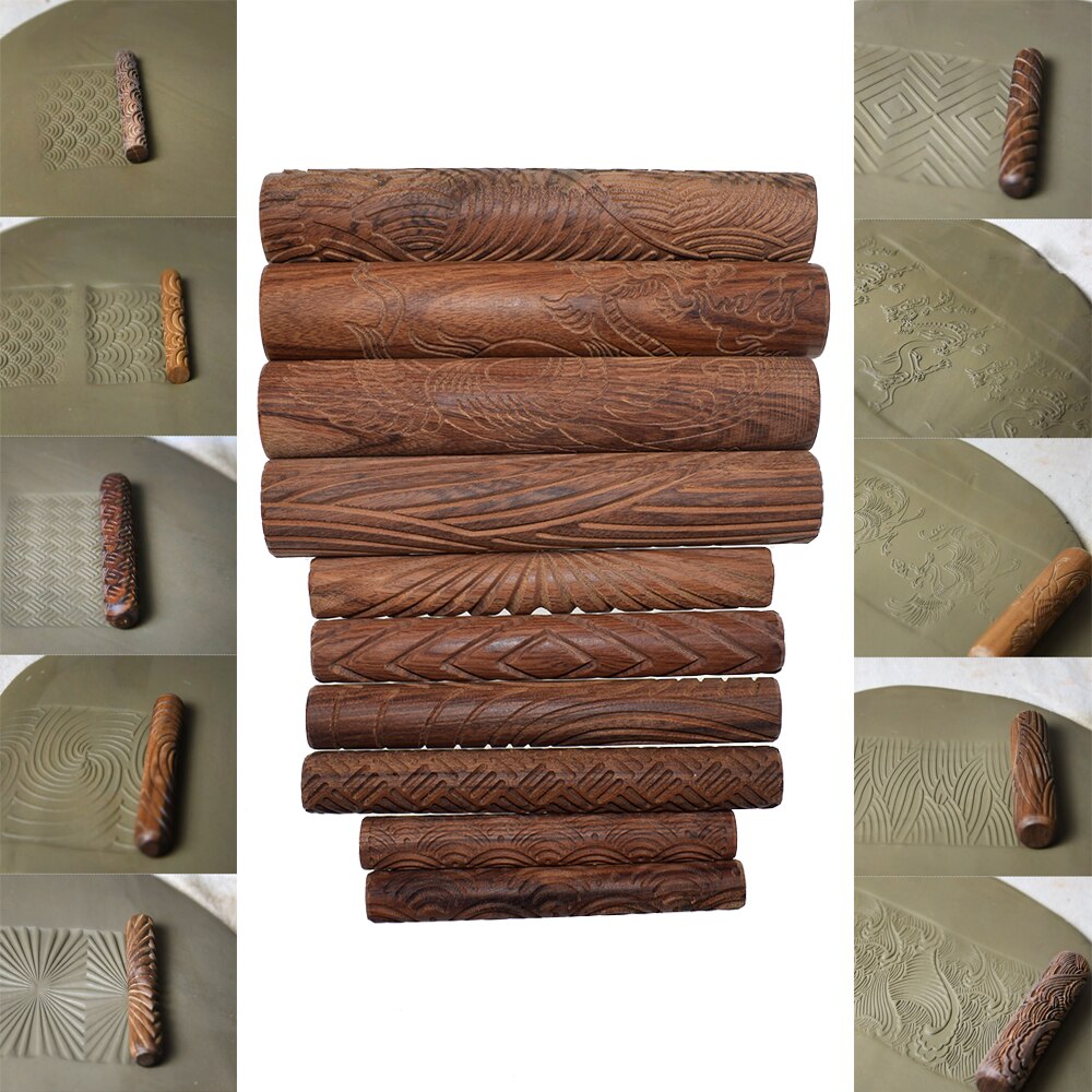 Rouleau à boue en céramique, 10 pièces, outil de poterie de modélisation en argile polymère, soulagement du motif de Dragon/phénix en bois