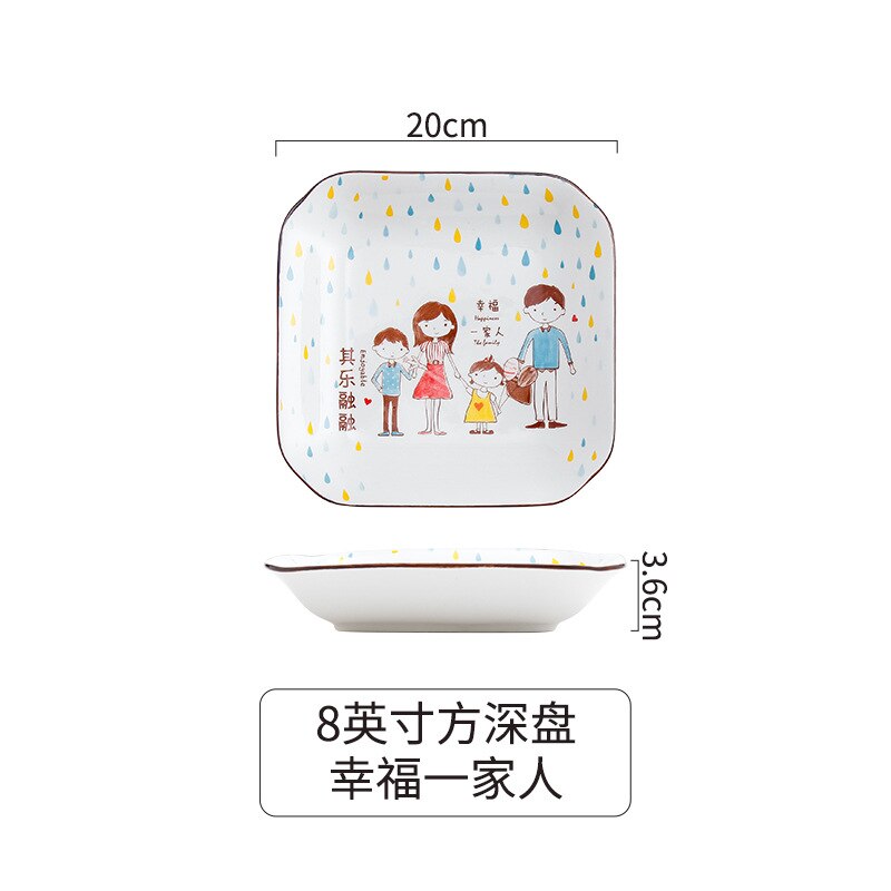 Creatieve Keramische Servies Ouder-Kind Kom Cartoon Familie Rijstkom Voor Een Gezin Van Vier Kommen En Borden Set ontbijt Plaat: 8inch Square plate