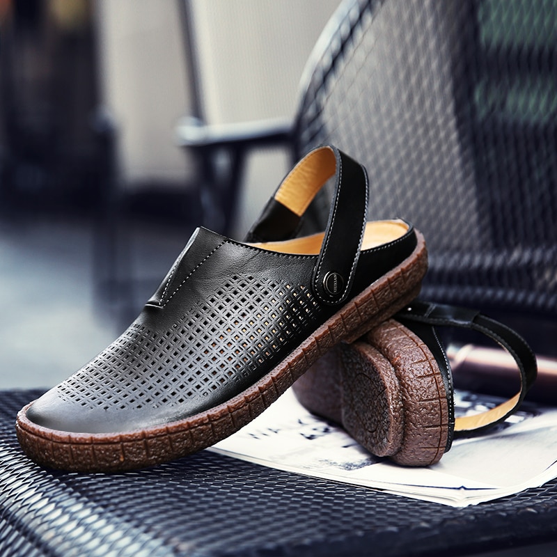 Mænd udendørs casual sandaler håndlavede herre sko sommer strand lejligheder mandlige læder sandal top skridsikre hjemmesko