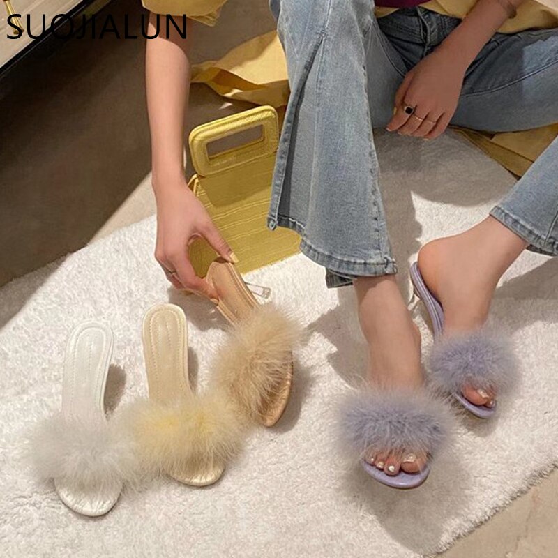 Suojialun kvinnor lurviga tofflor strutshår fluffig sandal dam tunn högklackat plysch slides varma tofflor sho