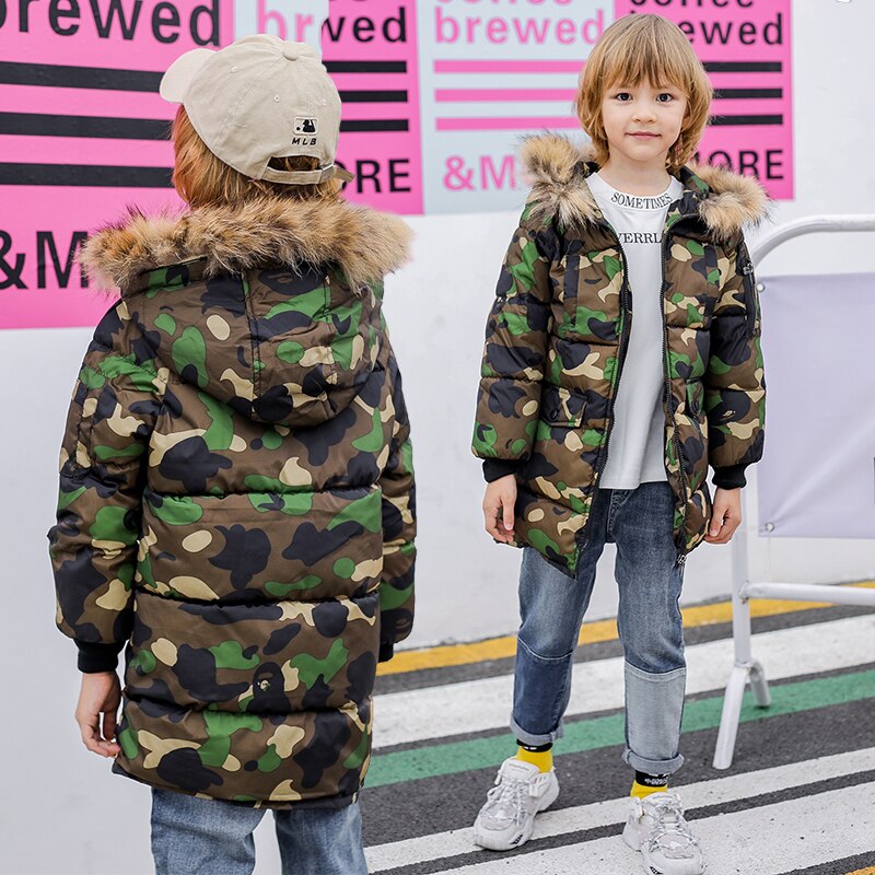 Warm Thickening Winter Fur Collar Camouflage Long Child Coat Children Outerwear Windproof Baby Boys Girls Jackets 3-12 Years Old