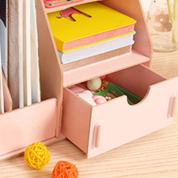 Wood Desk Organizer Drawer Trays Office Desktop Organizers File Holders Office Supplies 4 Tier 6 Compartments (Pink)