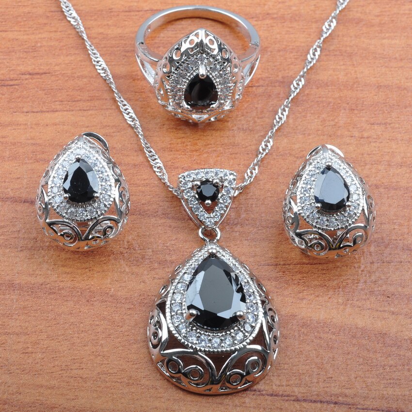 Verzilverd Sieraden Set Natuurlijke Australische Crystal Black Stone Voor Vrouwen Bruiloft Sieraden Earring Ring Hanger Sets JS212