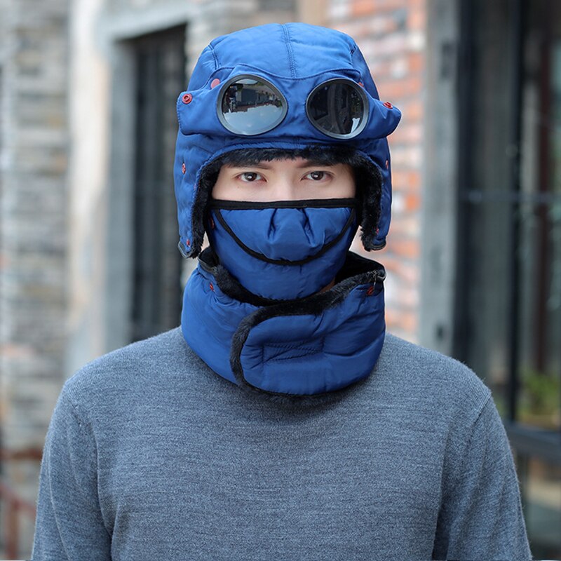 Winter Warme Muts Met Bril Multifunctionele Lei Feng Hoed Koude-Proof Plus Fleece Hat Riding Warm Katoenen Muts Winddicht nek Hoed: men blue