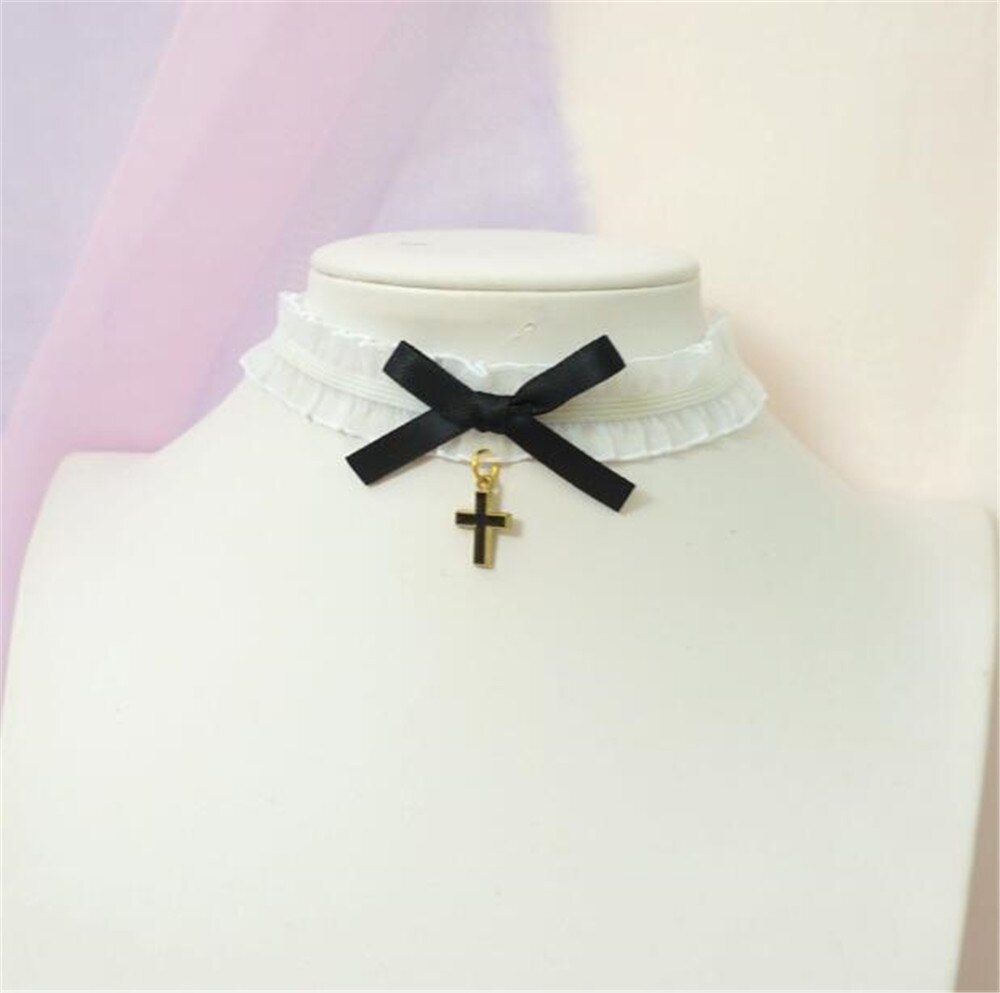 Süße kreuz anhänger bownot Halsband Harajuku Nette Lolita Band Kette Cosplay Frauen Halskette B972