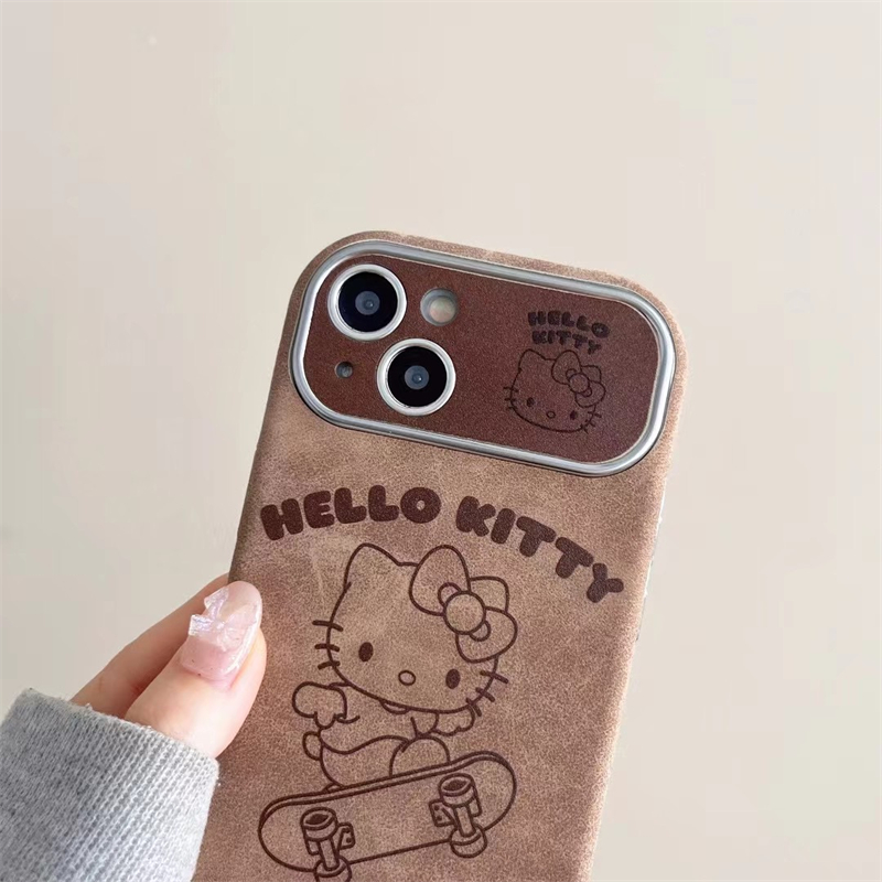 Coque de téléphone en daim avec poignet, coque de dessin animé mignon, coque marron, Hello Kitty, Jokawaii, iPhone 15, 14 Plus, 13, 12, 11 Pro Max, luxe