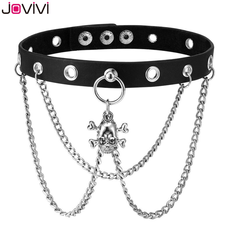 Jovivi leren gothic halsband kettingen punk spin choker ketting mannen vrouwen coole punk ketting riem nek verstelbaar 12-14 "inch