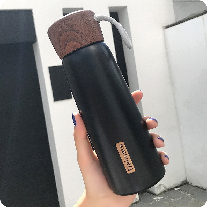 Termo de acero inoxidable 500 para exteriores, botella de agua de 304 ml, sin Bpa, con tapa de madera y cuerda portátil, para leche y té: Negro
