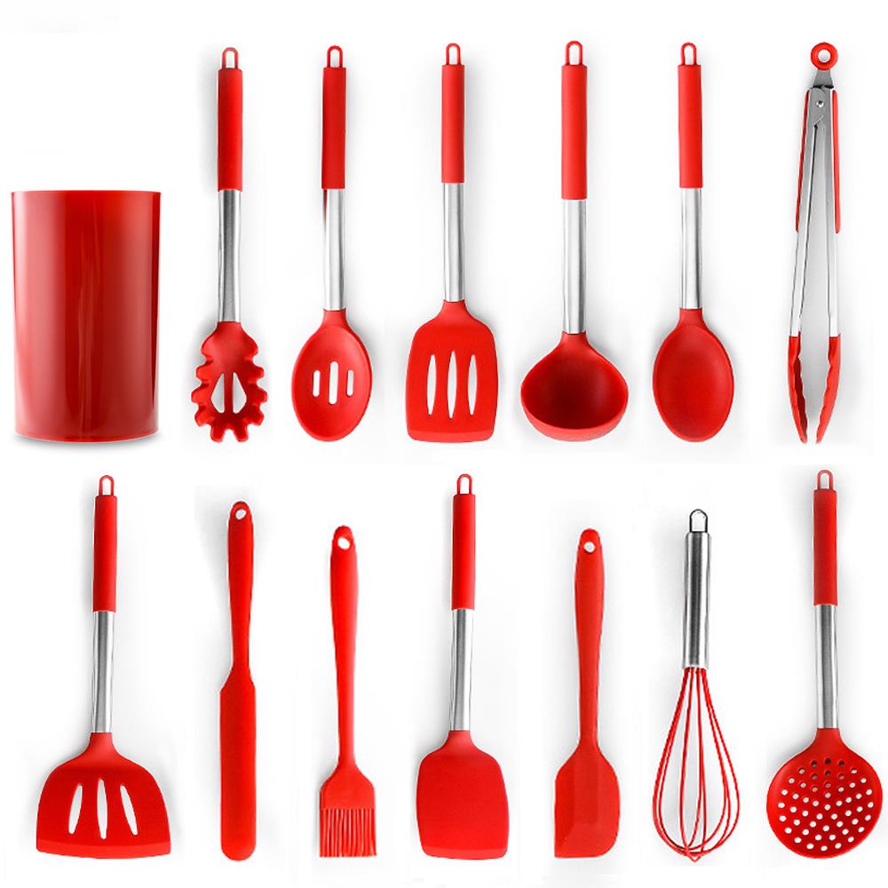 Práctico pala de fugas, cuchara roja de alimentaria, cuchara batidora de huevos, juego de utensilios de cocina negro 14 uds, utensilios de cocina de alta resistencia a la temperatura: red 5pcs