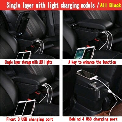 Auto Armlehne Für Hyundai Getz Drehbare zentralen Speicher inhalt Lagerung Kasten mit Aschenbecher USB Ladung Auto dekoration zubehör: Single USB alle Schwarz