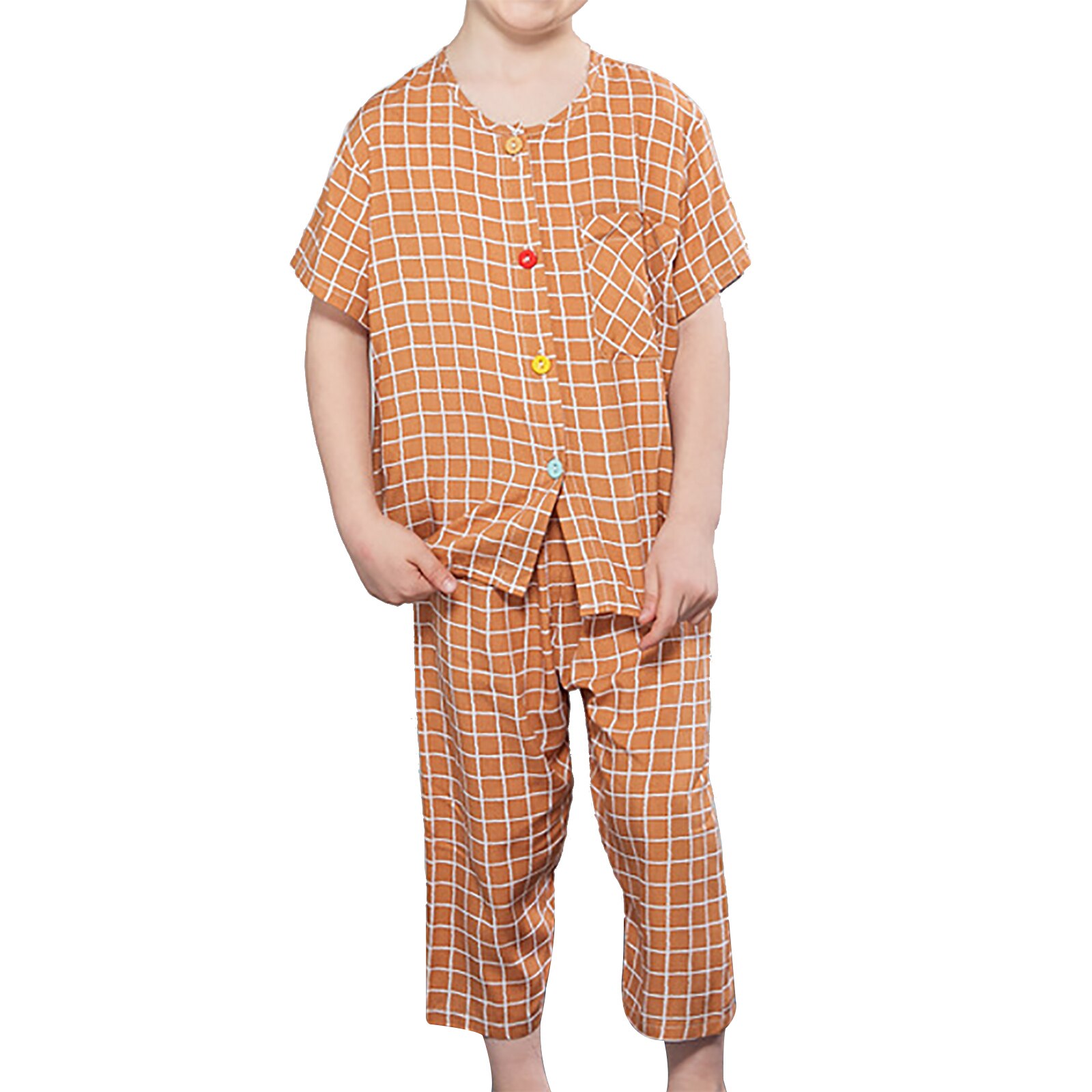 Unisex Baby Nachtkleding Kids Jongens Meisjes 2 Stuk Pyjama Set Kids Katoen Slaap Shirt Broek Pyjama Set Plaid Homewear Loungewear: Light Coffee / 135