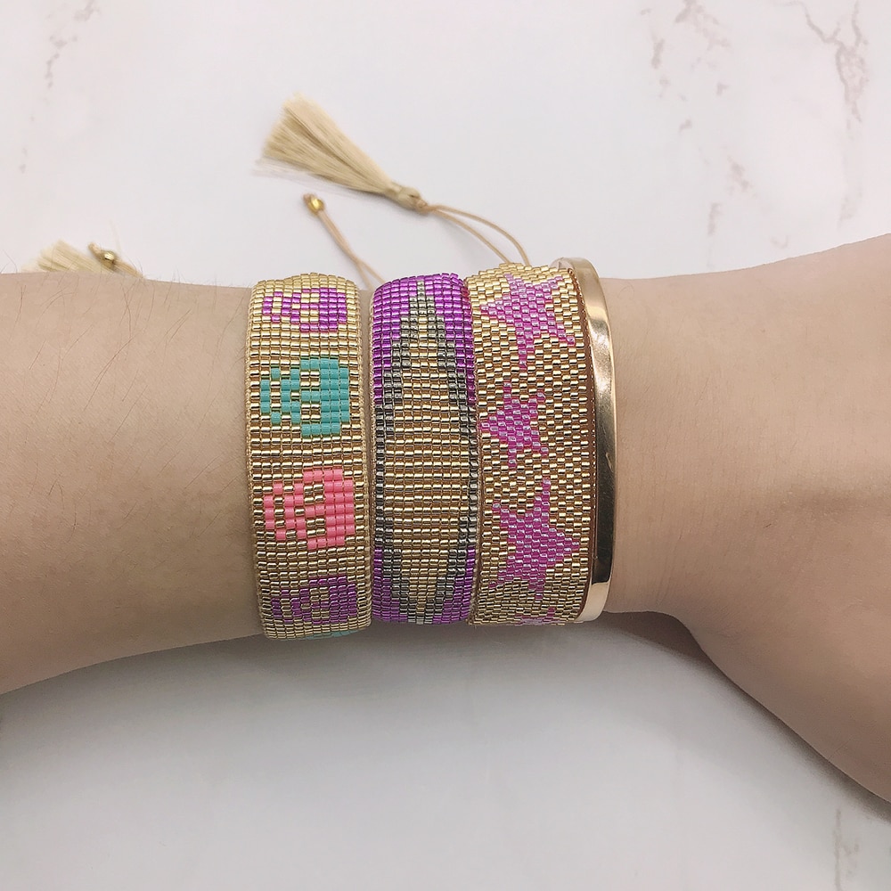 Bluestar 3 Stuks Een Set Vrouwen Purple Evil Eye Armbanden Handgemaakte Bohemian Gouden Hart Schedel Miyuki Armbanden