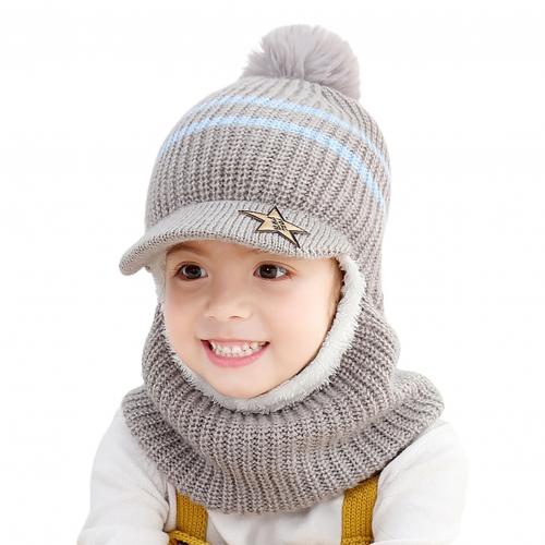 Unisex print børn vinter hatte plys vindtæt varme børn drenge piger pompon hat randen tørklæde hoved cap skullies beanies: Grå