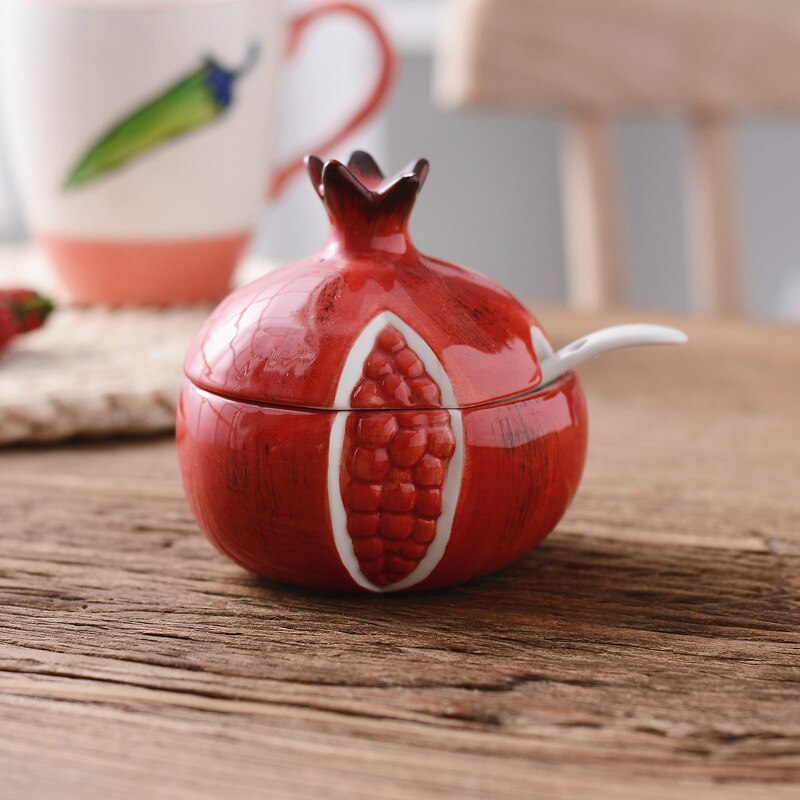 Cerâmico saleiro frutas forma condimento sal açúcar erva tempero pote de café feijão garrafa armazenamento jar acessórios de cozinha: Pomegranate