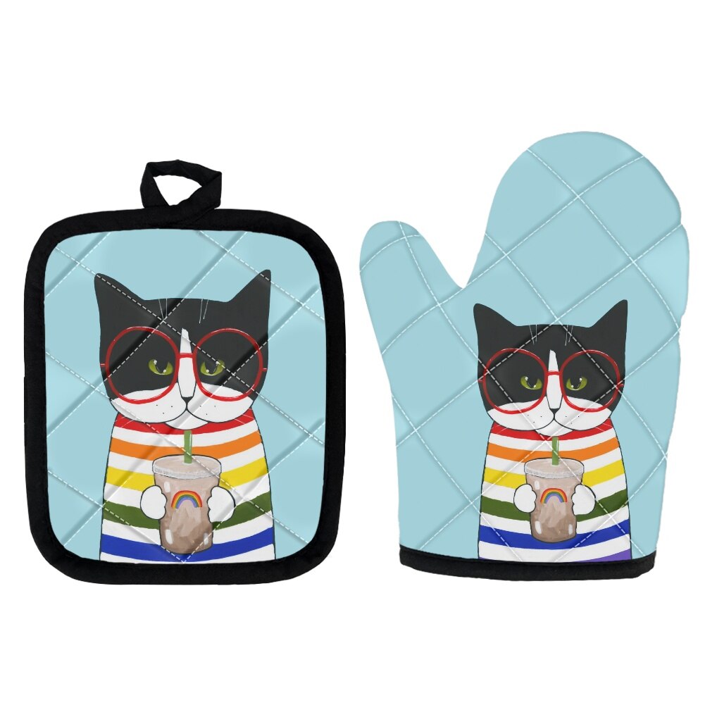 High Heat Protect Gloves Cute Cartoon Cat Print Polyester Microwave Oven BBQ Mitt Potholder Kitchen Mittens and Pad for Cooking: Z9983D19
