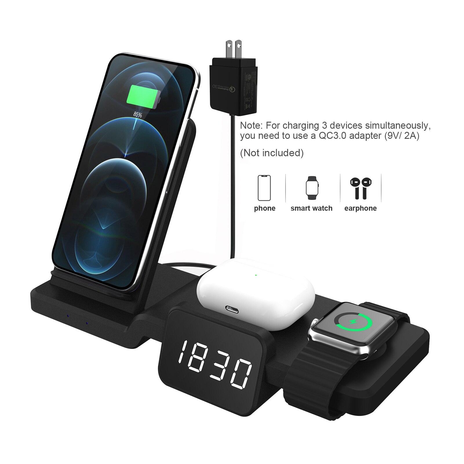 Multifunctionele Draadloze Charger Stand Voor Iphone 12/ 11pro Smart Telefoon Horloge Airpods Draadloos Opladen Met Klok Lading station