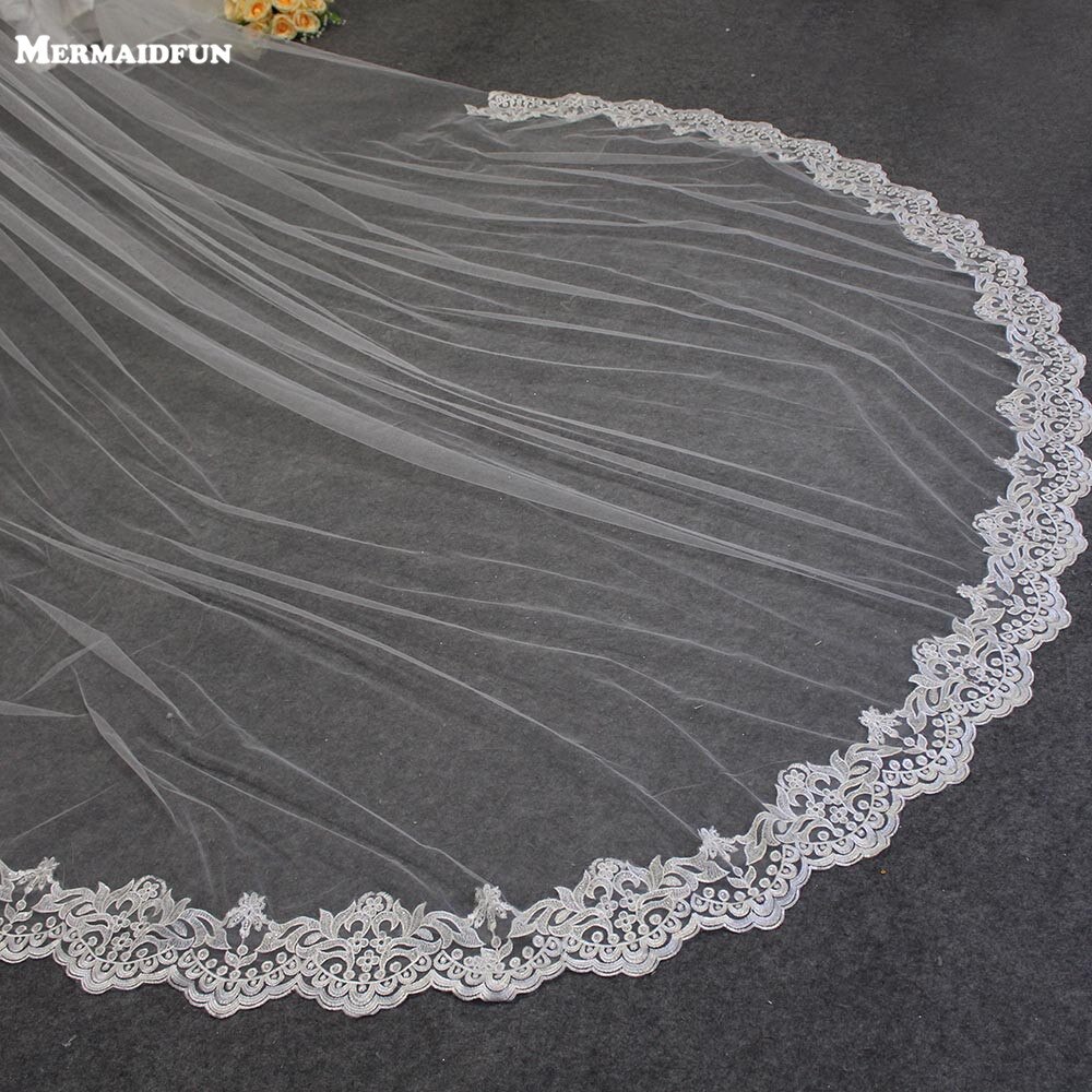 Partial Lace 3M Long Wedding Veil One Layer Cathedral Bridal Veil with Comb Welon Bride Veil Voile Mariage
