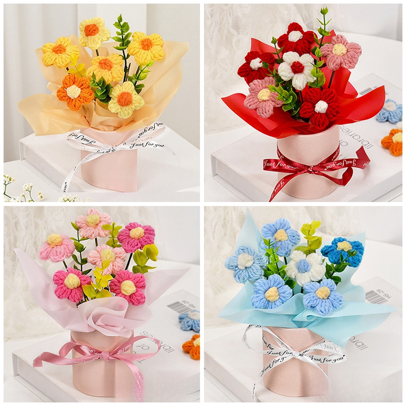 Ramo de margaritas de flores tejidas de ganchillo, del Día de la madre, flores artificiales, decoración del banquete de boda, decoración de ramo tejido DIY