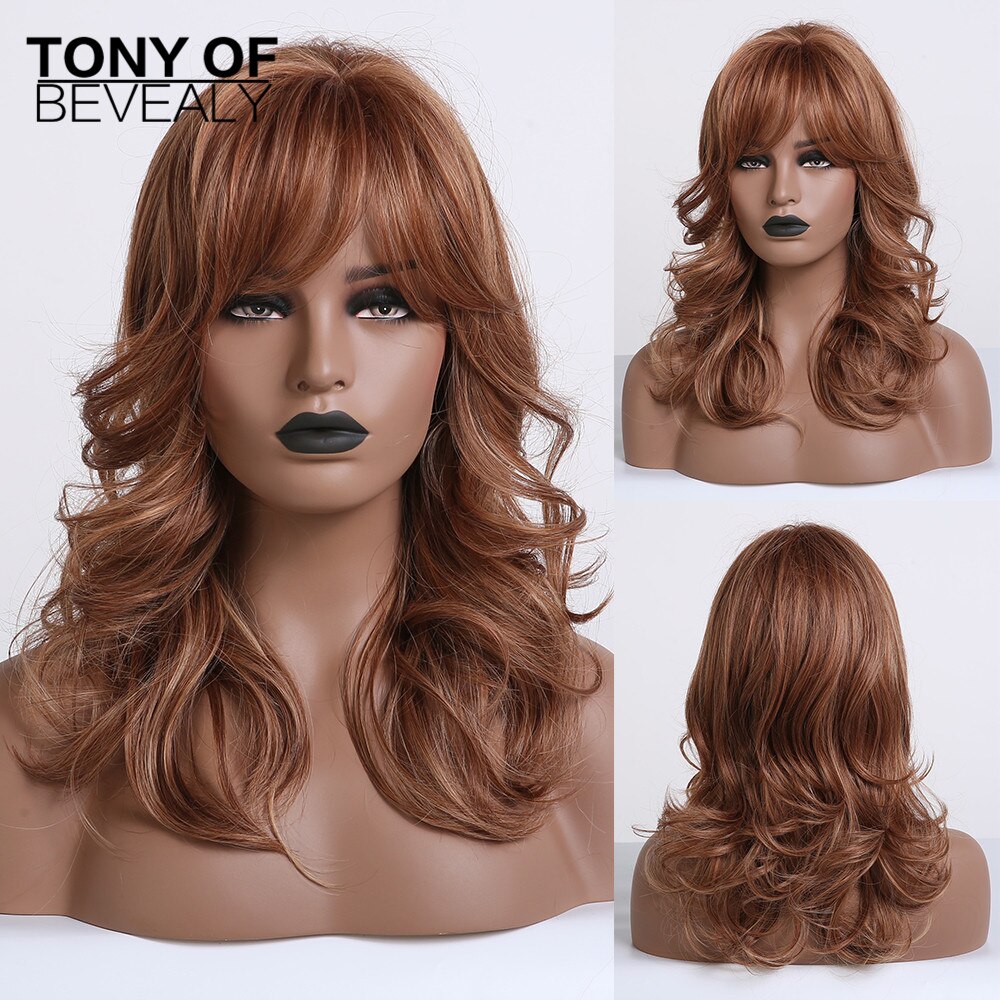 Medium Length Synthetic Wigs for Women Brown Wavy Natural Hair Wigs With Bangs Cute Cosplay Party Wigs Heat Resistant Fiber: lc164-1