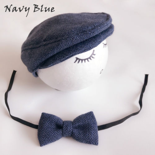 Newborn Baby Peaked Beanie Cap Hat + Bow Tie Photo Photography Prop Outfit Set Little Gentle Man Cap Baby Accessories: Blue