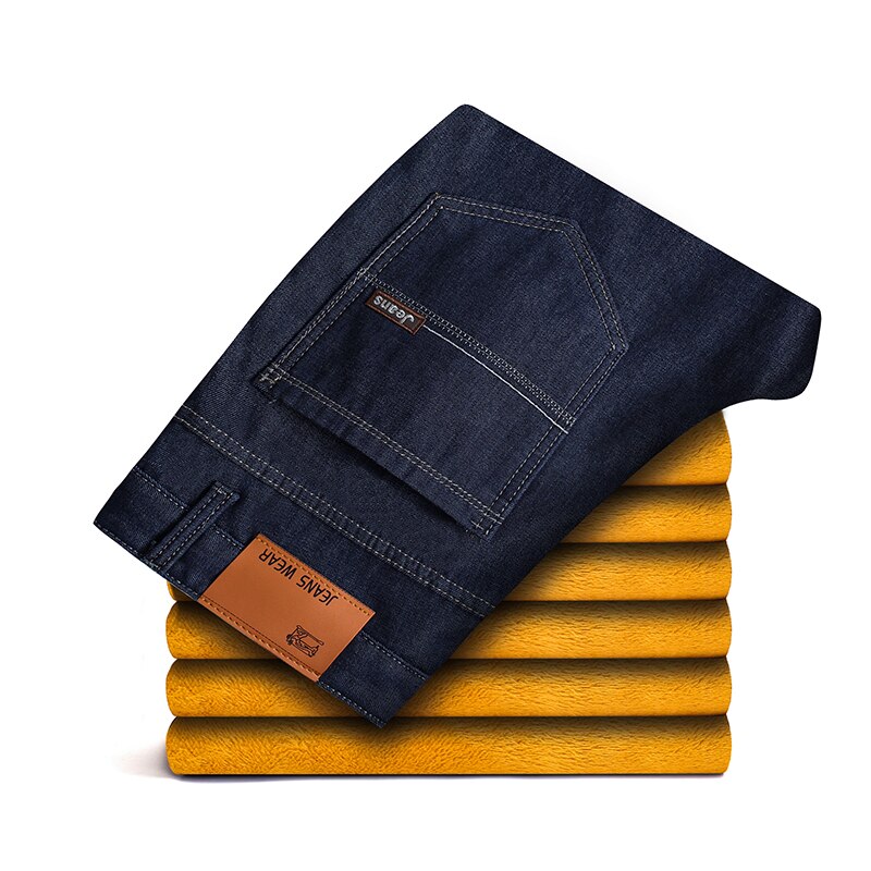Heren winter warme plus fluwelen rechte jeans mannelijke klassieke dikke fleece denim broek plus grote maten broeken: 34