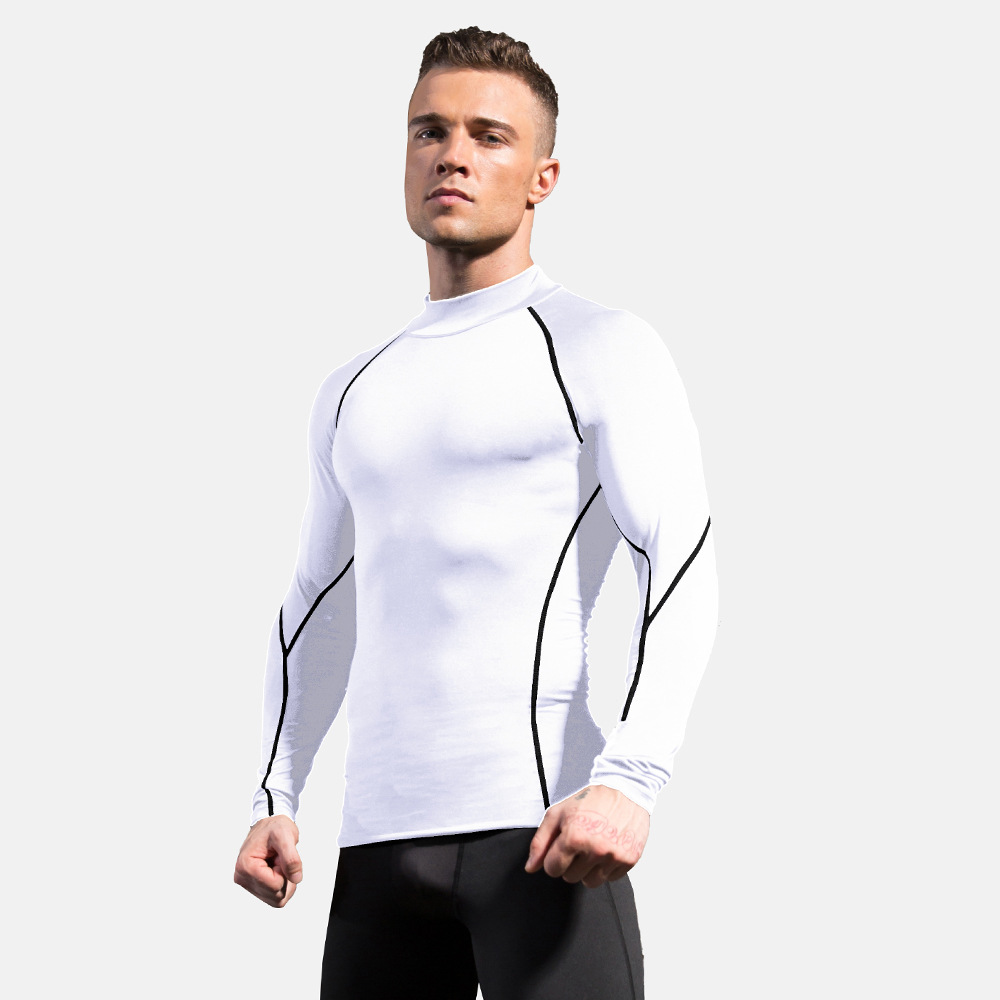 Herren-Kompressionshemden mit Stehkragen und langen Ärmeln, kühl, trocknend, Sonnenschutz, Sport-Strumpfhosen, Unterhemden, Lauf- und Fitnessstudio-Spitzen: L / Weiß
