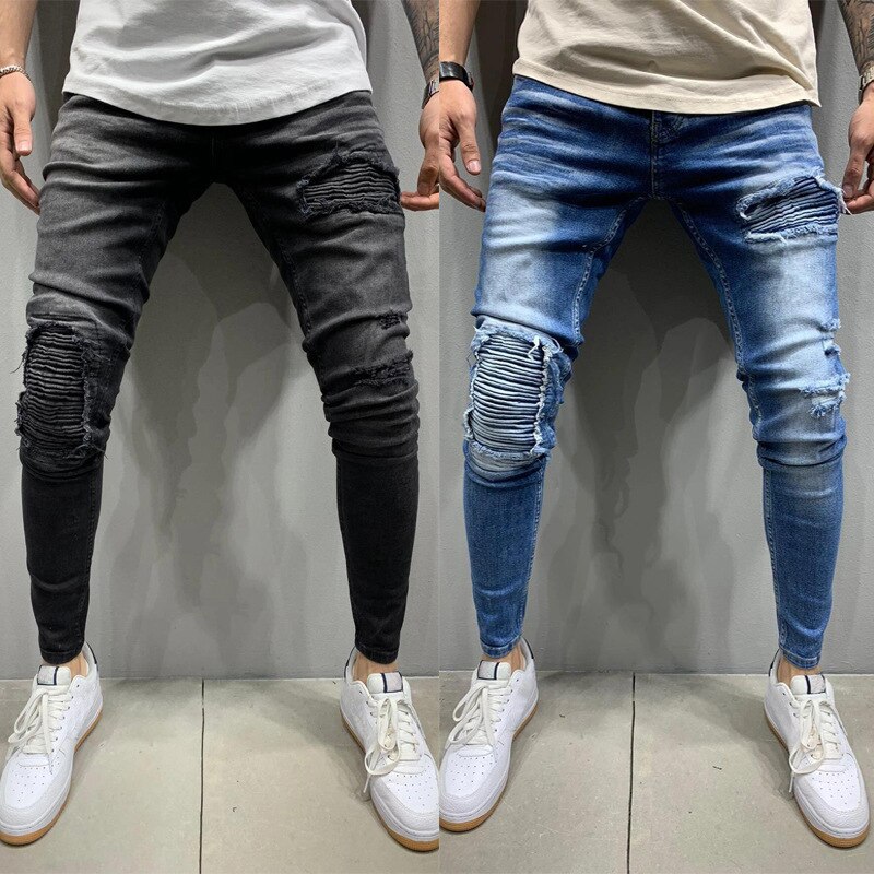 Skinny ripped jeans mænd casual slim fit herre fold jeans homme mærke motor biker hip hop denim bukser bukser pantalones hombre