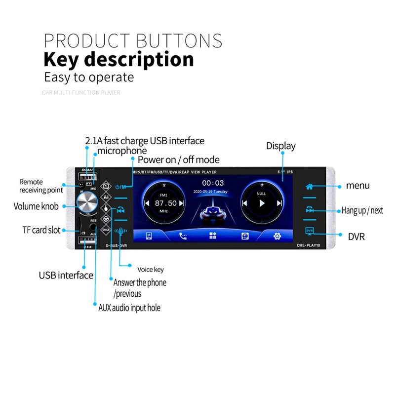 Reproductor MP5 para coche, Radio con Control de voz, RDS, AM, FM, 4USB, bidireccional, 1DIN, 5,1 pulgadas, 5188