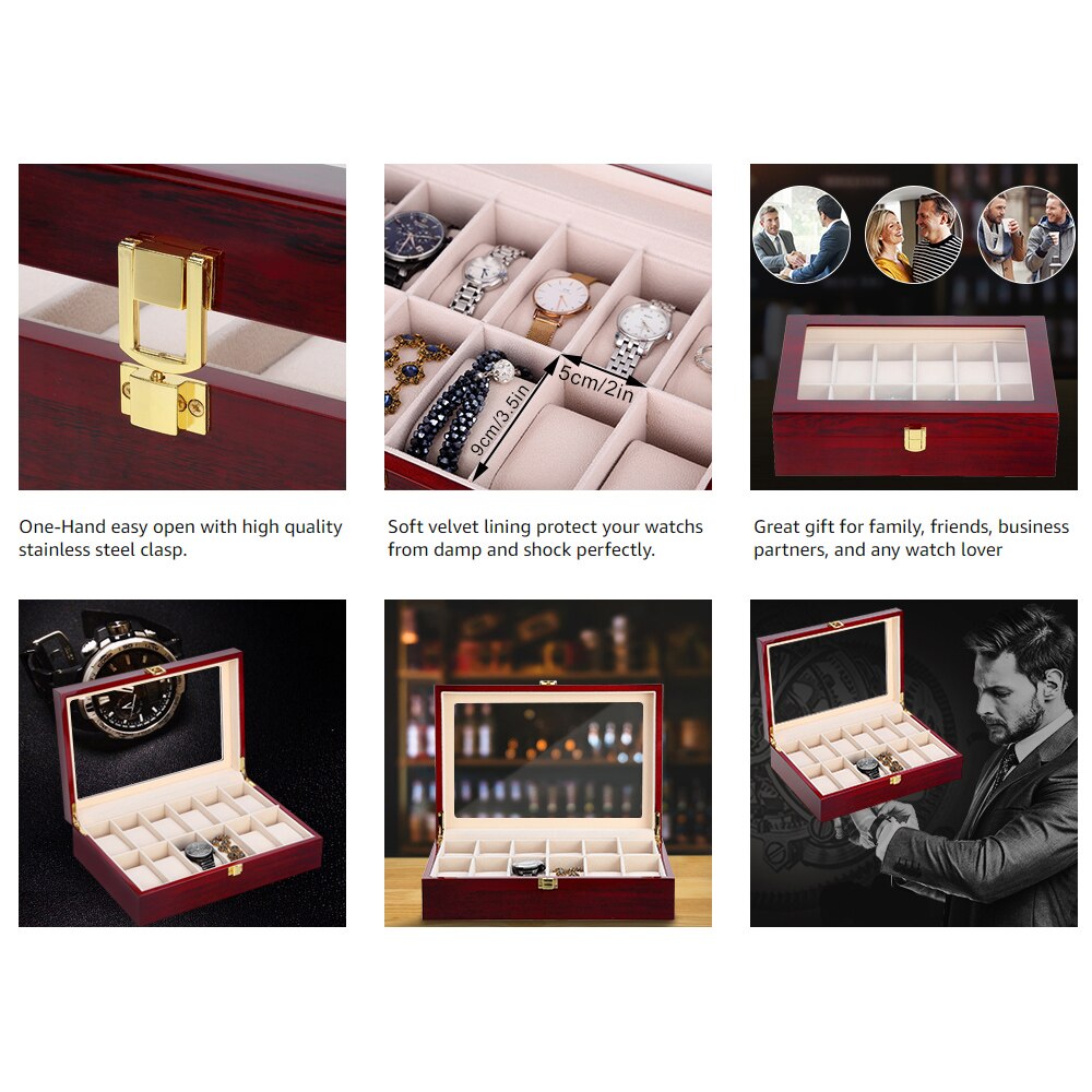 Watch Box Watch Organizer 12 Grids Wooden Watch Storage Case Display Storage Box Jewelry Collection Organiser Holder D30