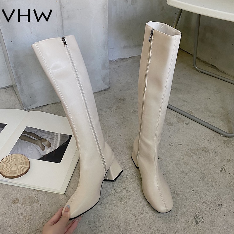 Dames kniehoge laarzen herfst winter schoenen witte hoge laarzen dames hak zwarte bruine knielaarzen