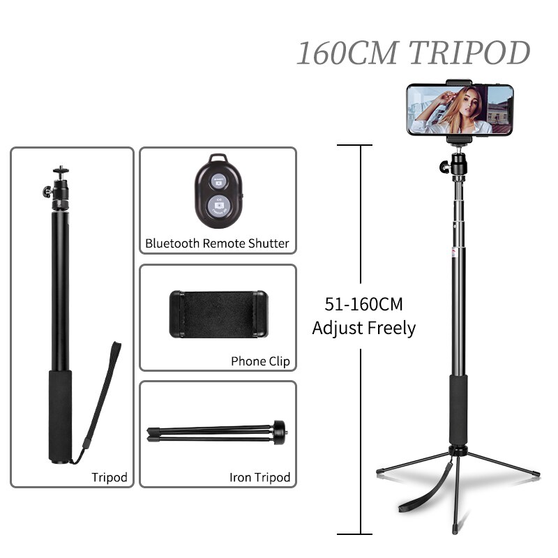 Stativ für smartphones, tragbarer selfie-stick für vlogs, ringlicht-selfie-stativ mit bluetooth-fernbedienung und halterung: 150cm und stativ
