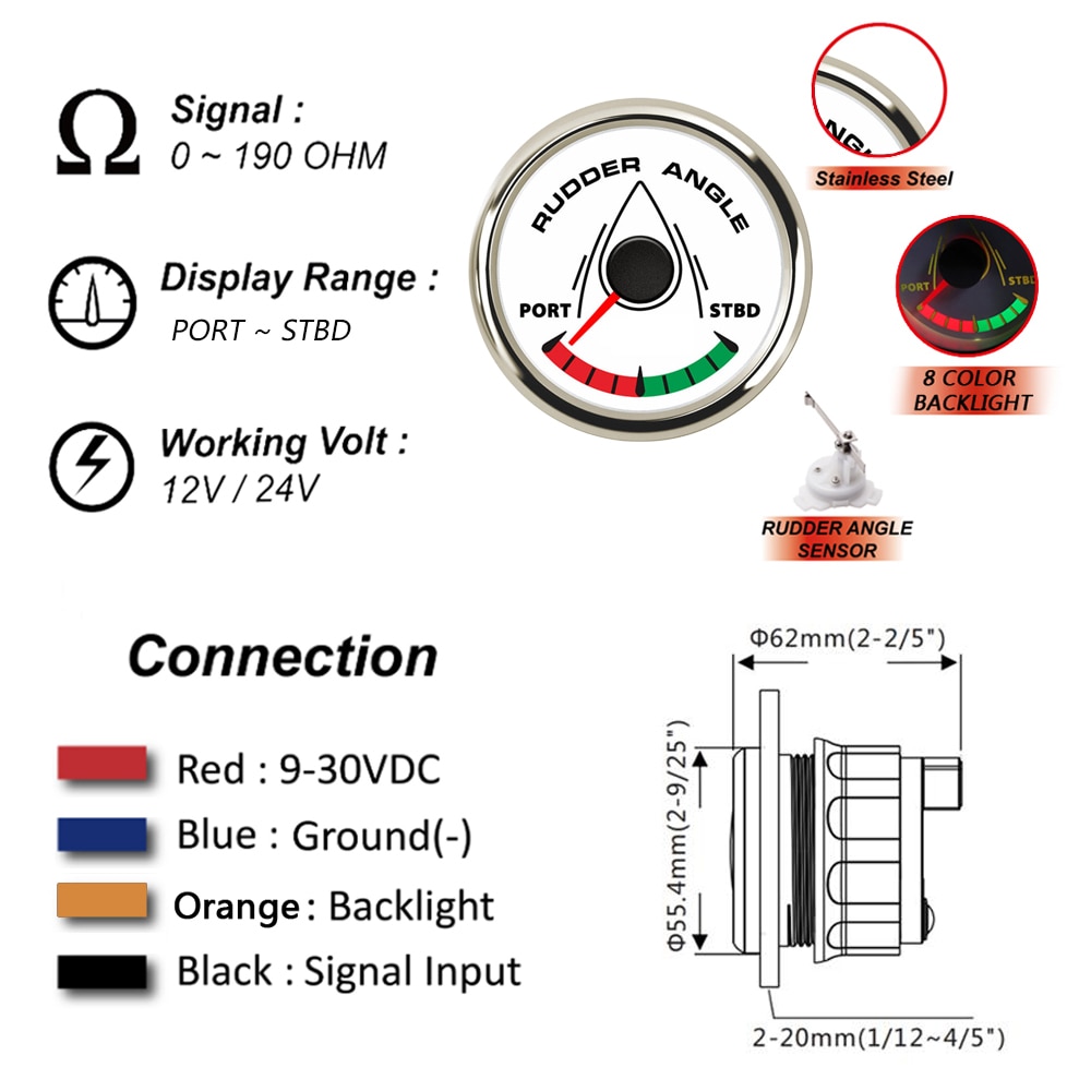 52mm Boat Marine Rudder Angle Indicator 0-190 ohm With Rudder Angle Sensor 8 color backlight 12V/24V