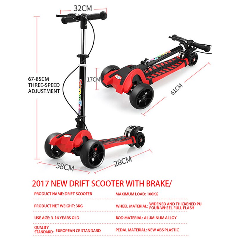 FJ0059 tricicli per Scooter per bambini bambino bambini pieghevole piede Scooter altezza regolabile PU ruota lampeggiante LED calcio Skateboard