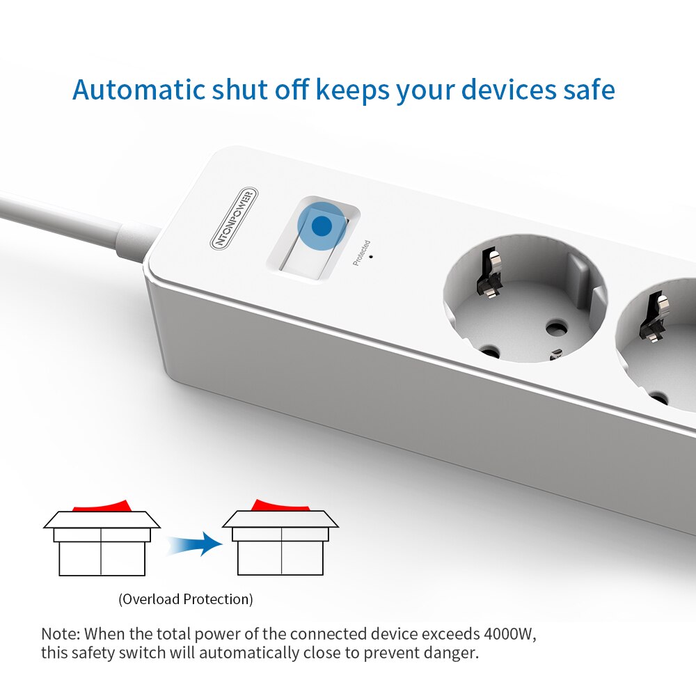 NTONPOWER Smart Power Strip - 4000W Surge Protector, 4 AC Outlets, 4 USB Ports, 2.5m Cord, EU Plug