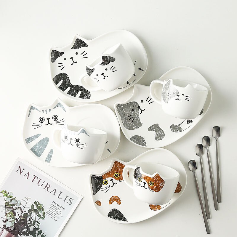 Ceramic Cute Cartoon Cat Coffee Mug Set Animal Breakfast Milk Tea Cup With Dessert Tray Office Drinkware Novelty