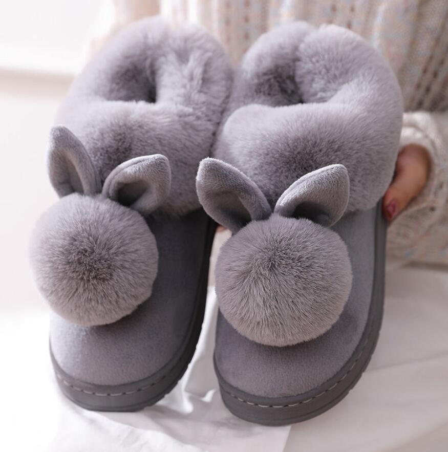 Herfst Winter Katoen Slippers Bont Konijn Thuis Warme Dikke Bodem Indoor Katoen Schoenen Kat Slippers Dames Slippers Schattige Pluizige: Gray / 36-37