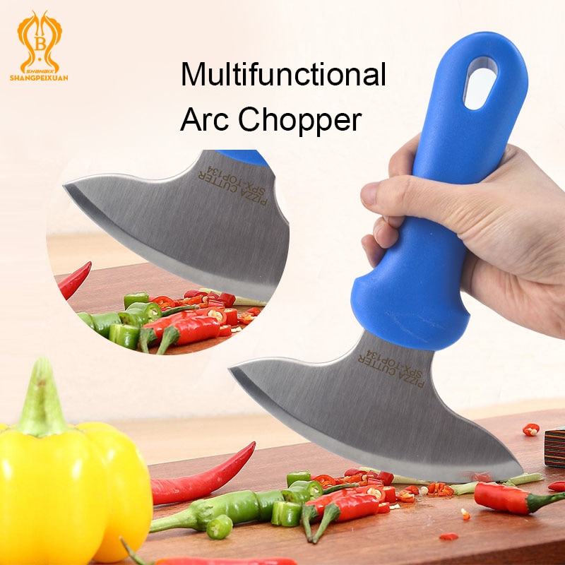 Multifunctional Arc Chopper T-Grip Rocker Knife, Stainless Steel Rocking Knives Commercial Salad Chopper Knife Plastic Handle