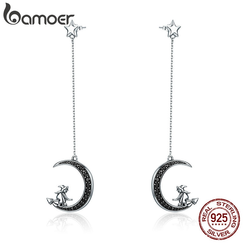 BAMOER Real 925 Sterling Silver Magic Witch in Moon Star Black CZ Long Earrings for Women Sterling Silver Jewelry SCE287