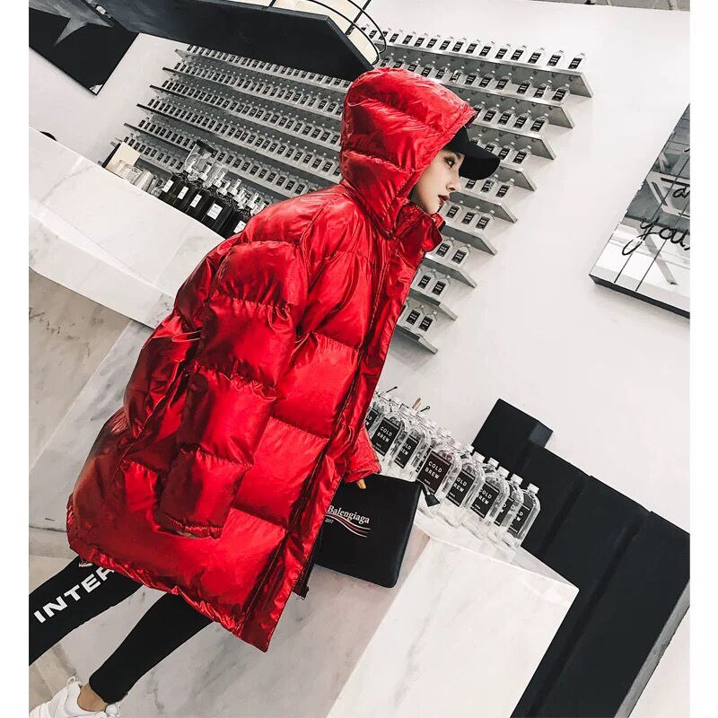 Dam vinter glansiga dunjackor kvinnlig lös tjock varm kappa parkas dam enfärgad huva ytterkläder  m370