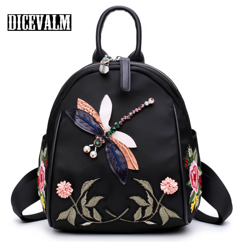 Flower Embroidery Backpack Women Small Mini Shoulder Bag Dragonfly Backpack Female Casual Retro Travel Bags Girls