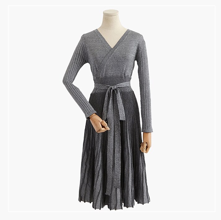 Spring Pleated Large Hem V Collar High Waist Lace Up Shiner Lurex Knitted Elastic Dress Women Vintage Clothing C-006: Gray