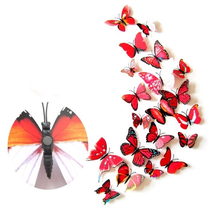 12 Stks/set Kleurrijke 3D Vlinders Muursticker Mooie Vlinder Sticker Met Magneet Voor Kid Kamer Muurstickers Home Decoratie: 02-Red
