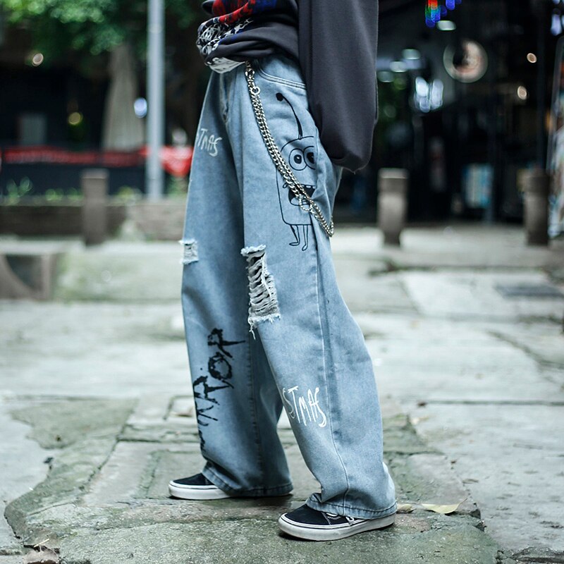 Graffiti print afslappet baggy beskadiget denim jeans hip hop hipster streetwear bukser mænd ødelægger punk rock bukser mandlige en -c026