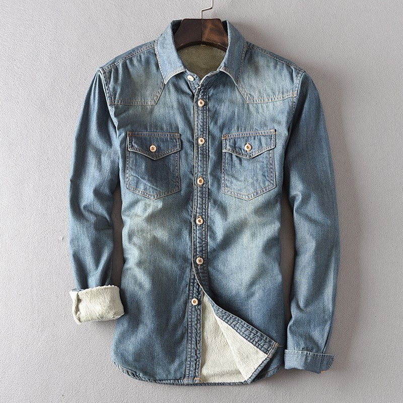 Vinter jeans mænds vinter denim skjorter lange ærmer slim fit jean skjorte løs slank varm tyk hyggetøj varmt streetwear: Dyb blå / Asiatisk størrelse l