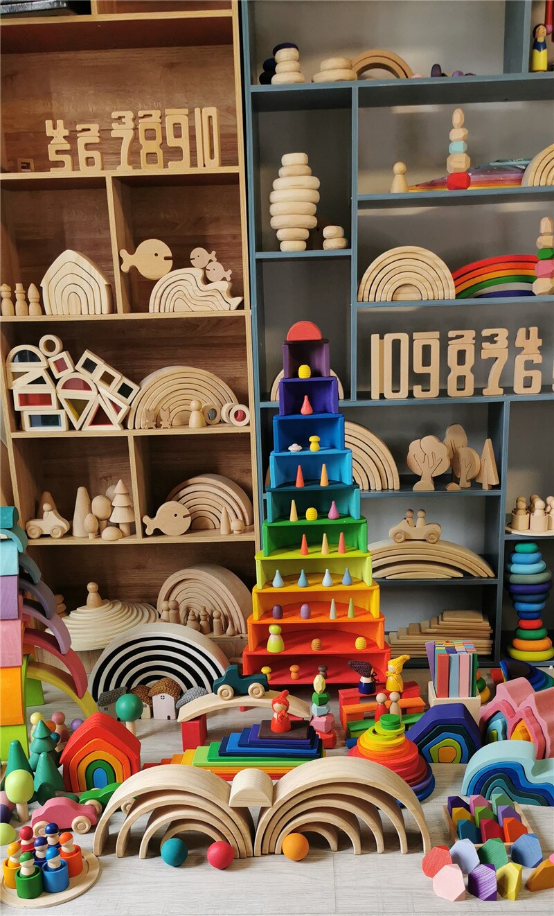 Duże drewniane tęczowe klocki drewniane kulki płyty figurki tęczowe bloki do układania w stosy Montessori miękkie ciepłe kolory klocki
